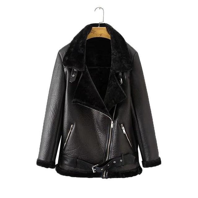 Winter Coats Women Thickness Faux Leather Fur Sheepskin Female Fur Leather Jacket Aviator Outwear
