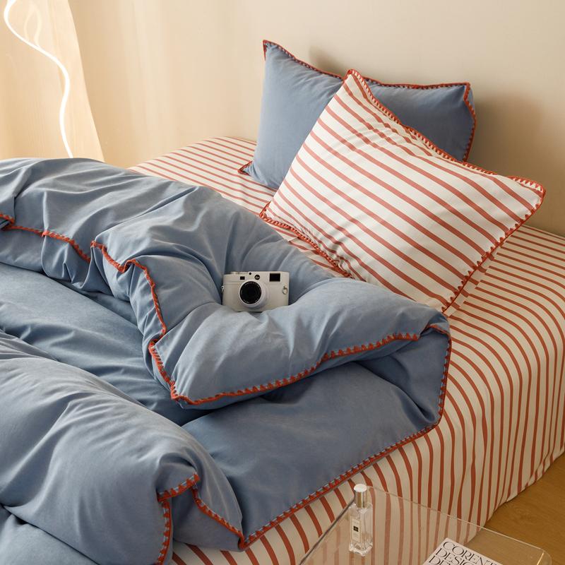 Striped Girls Flower Bedding Sets, Washed Cotton Bed Linens, Soft Quilt Cover Sheet Set, Simple Bedspread, Home Textiles