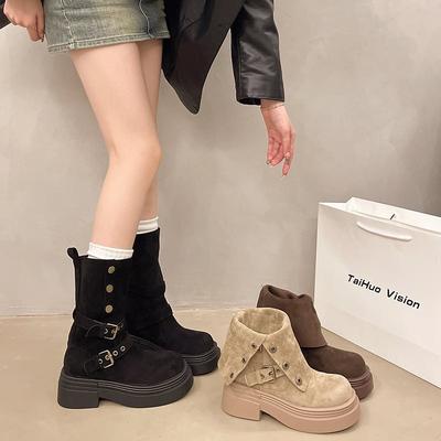 2025 короткие ботинки одинарные ботинки осень два способа носки тонкие матовые ботинки Мартина можно отворачивать локомотивный отворот женский британский стиль толстая подошва новые модели