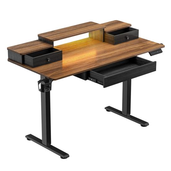 PC Gaming Desk Electric Lift Computer Desk Standing with Drawers Home Ergonomic Monitor Stand Power Outlets & LED Lights Height Adjustable Cable