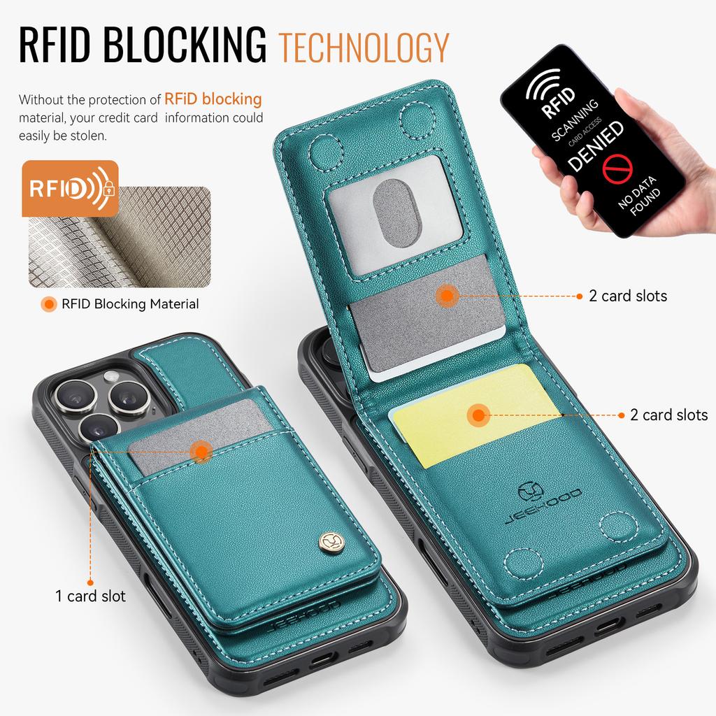 For iPhone 15 Pro Max Leather Back Cover Compatible with MagSafe JEEHOOD J06 Phone Case with Card Bag RFID Blocking