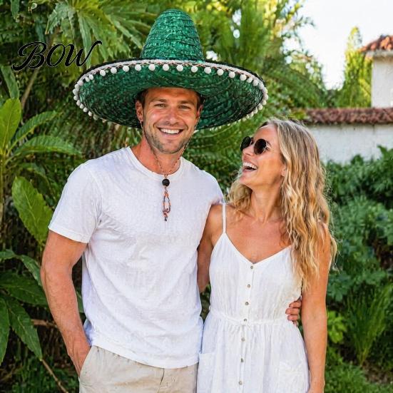 Theme Party Hat Mexican Sombrero with Colorful Poms, Hawaiian Style Woven Straw Sun Hat, Wide Brim Lightweight Costume for Summer Beach