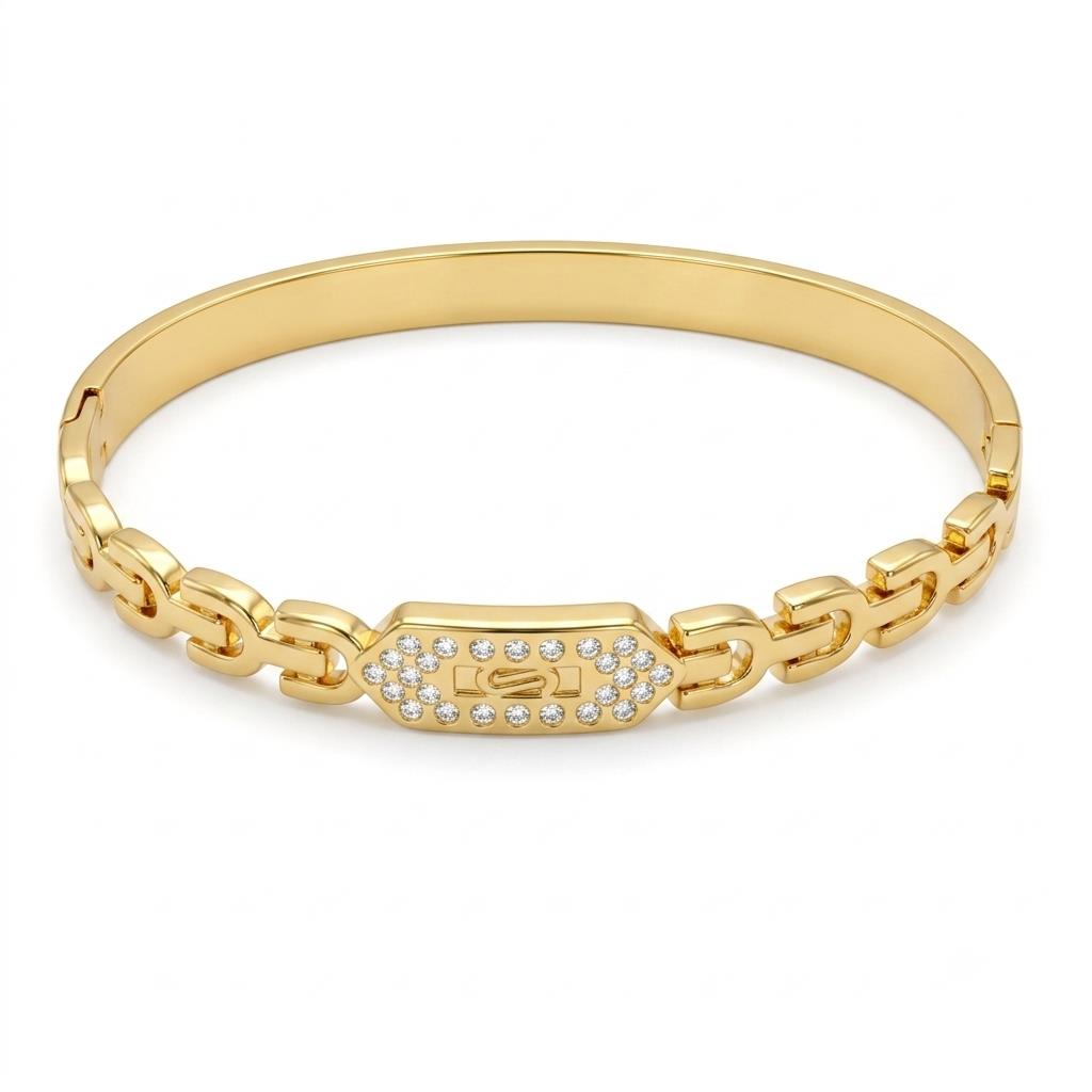 Gold Color Snap-on Zircon Bangle Stainless Steel Openwork Link Bracelet for Women Fashion Jewelry Gift