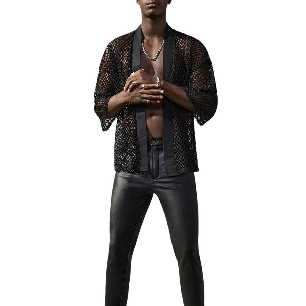 Мужская сексуальная сетчатая ажурная кардиган-шаль футболка | Европейская и американская мода сценический топ