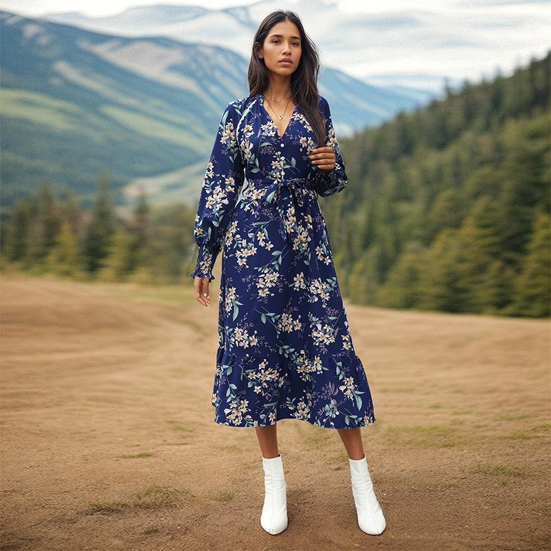 Весенне-осеннее женское платье с v-образным вырезом и длинным рукавом с цветочным принтом, темпераментные элегантные платья