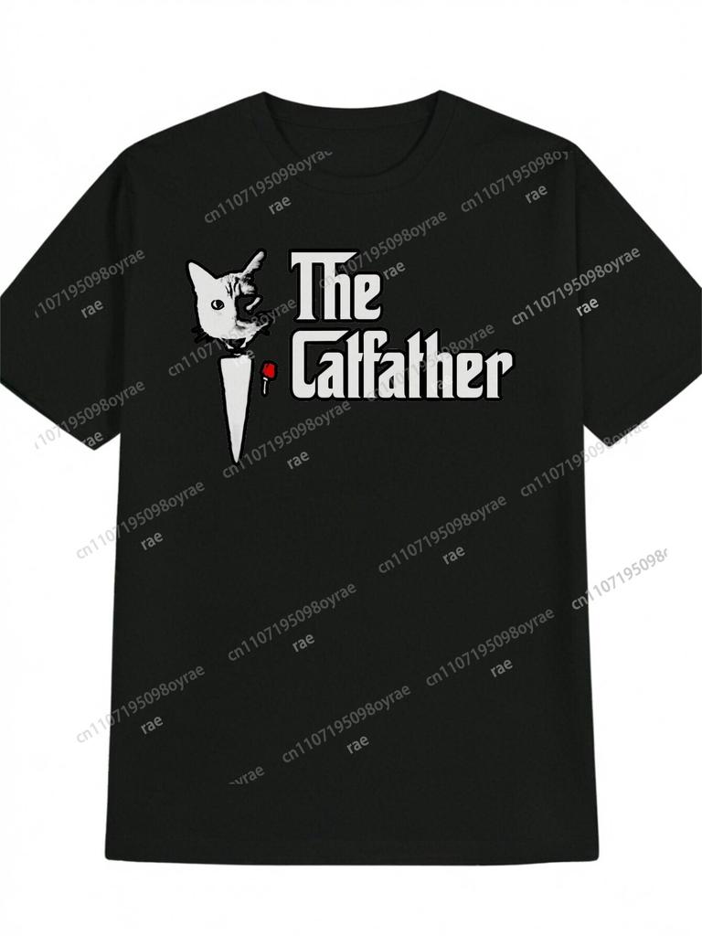 Mens The Cat Father Graphic Tee Casual Black Short Sleeve TShirt with White Red Print Polyester Machine Washable