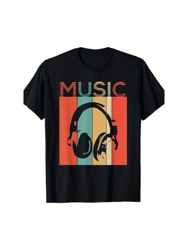 Vintage Headphones Graphic T-Shirt- 100% Cotton Casual Short Sleeve Tee with Bold MUSIC Design
