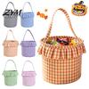 Pumpkin Ghost Pattern Totes Halloween Basket, Plaid Ruffle Trick or Treat Candy Bucket with Handle Versatile Household Storage for Kids, Reusable