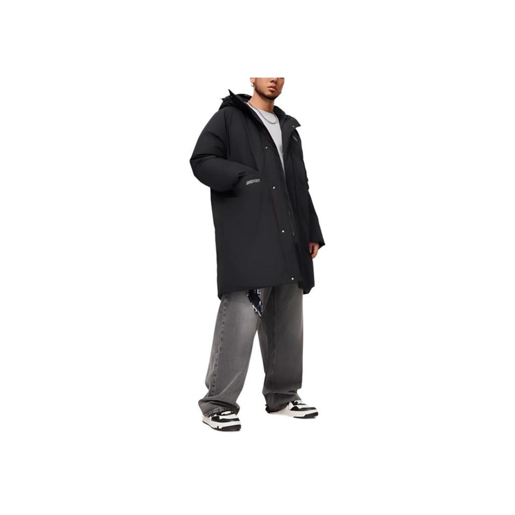 Li-Ning Anti-Five Series Letter Loose Hooded Solid Color Cold Resistance warm Outdoor Long Zip Down Jacket Men Upperwear Black AYMU073-1