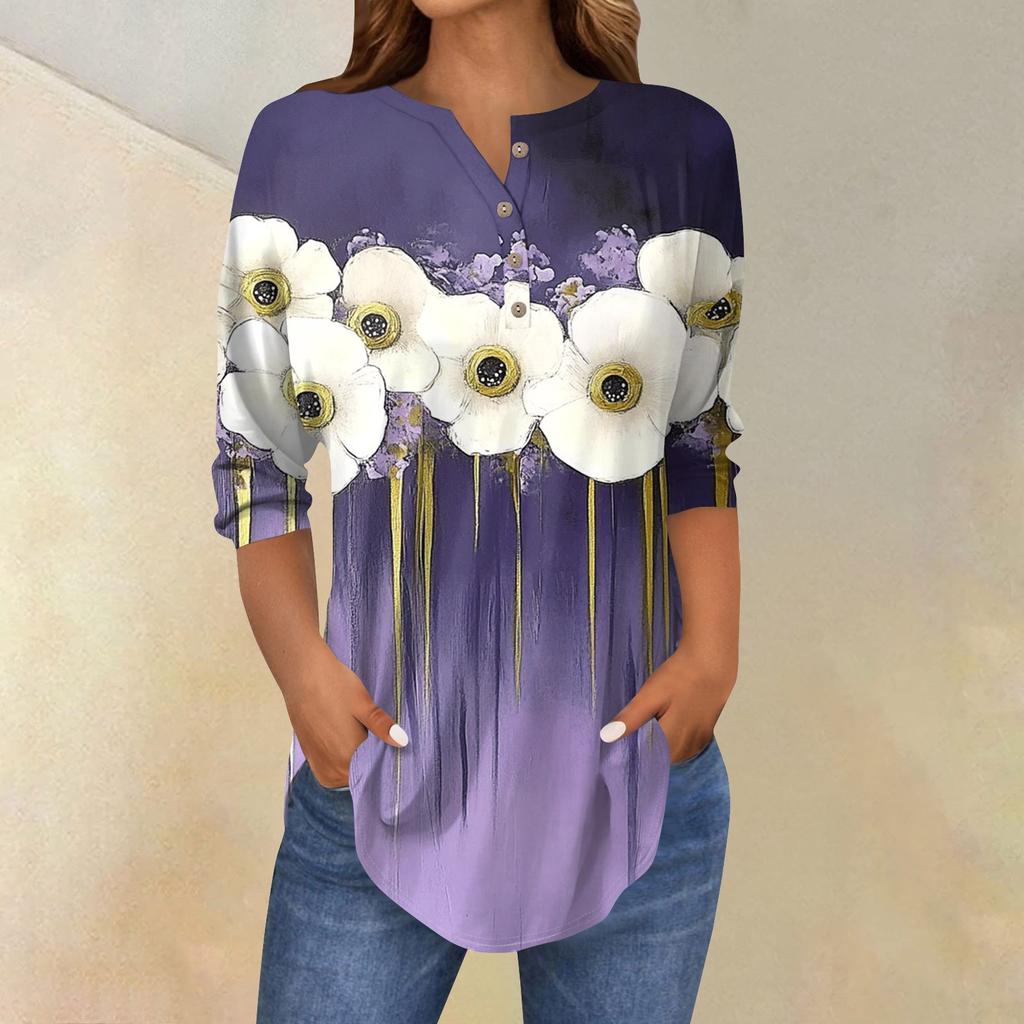 Женская свободная футболка с воротником на пуговицах и винтажным цветочным принтом, рукав три четверти