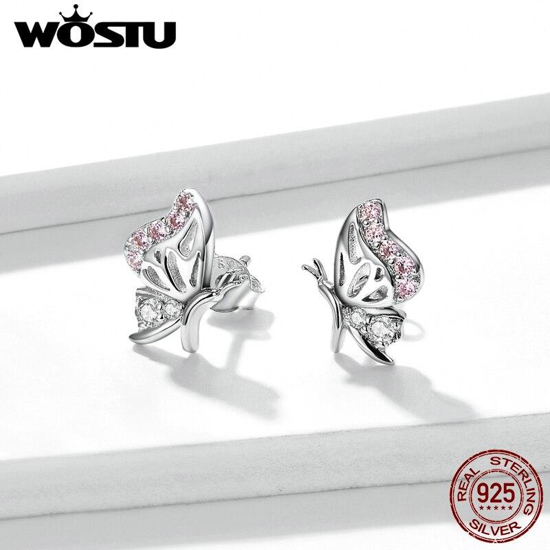 WOSTU Сверкающее серебро 925 пробы, сверкающие нежные серьги-гвоздики с бабочкой и цирконом для женщин, модные вечерние ювелирные изделия, подарок
