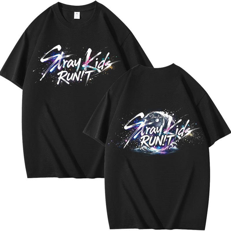 Футболка с графическим принтом Stray Kids Run It Tour, Логотип с изображением волны в туманном океане, Двусторонний принт, Оверсайз, Корейская поп-музыка, Футболка с коротким рукавом для фанатов