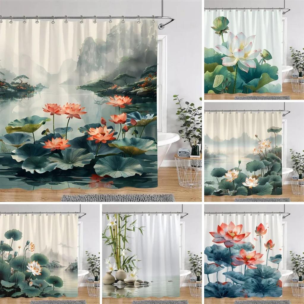 Elegant Lotus Pond Shower Curtain - Traditional Chinese Landscape Design for Modern Bathroom Décor, Waterproof & Easy Care