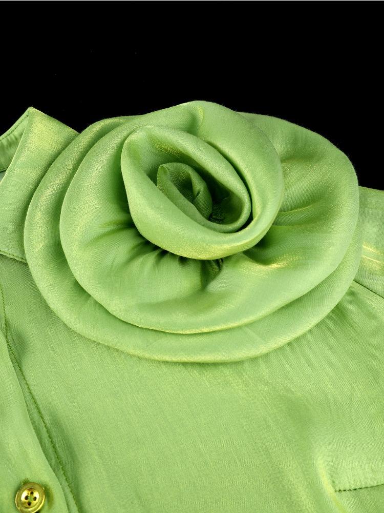 Элеган Женщины Блестящие Рубашки Отложной Воротник Длинный Пышный Рукав Без Рукавов 3D Цветы Пуговицы Мода Вечеринка Топы Женские Событие День Рождения Новый