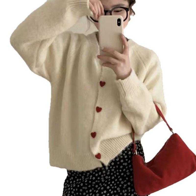Womens Cute Heart Button Knit Cardigan Loose Fit Round Neck Sweater Fall Winter