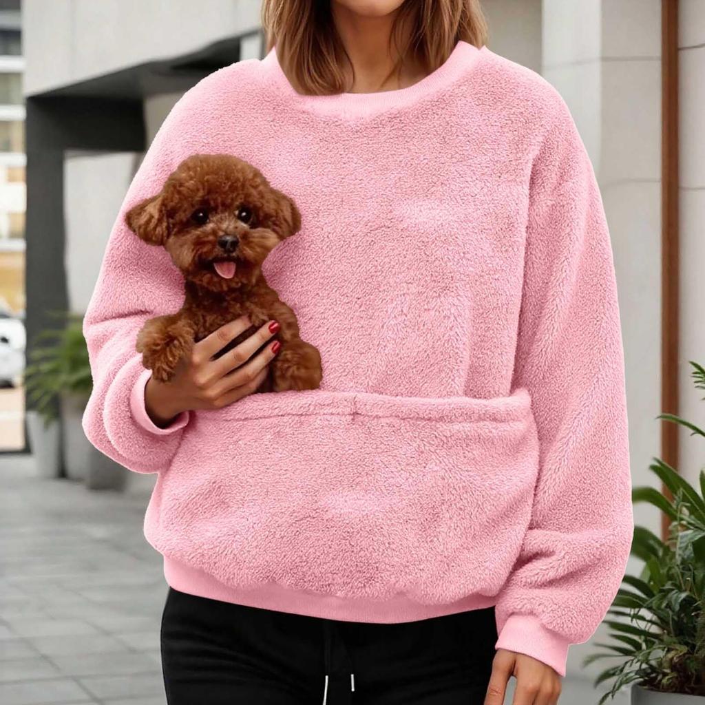 Women's Fashionable Solid Color Round Neck Long Sleeved Pocket Sports Shirt Plush Hoodie Top