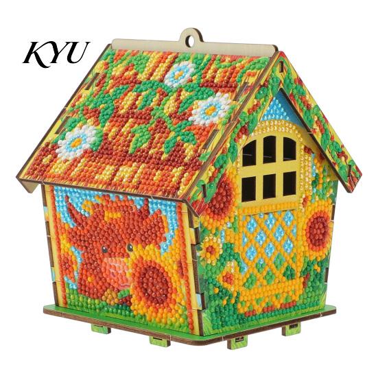 3D Wooden Puzzle DIY Christmas House Rhinestone Painting Kit, Sunflower Diamond Art Decoration Craft Cabin, Handicraft Arts Ornament for Desktop