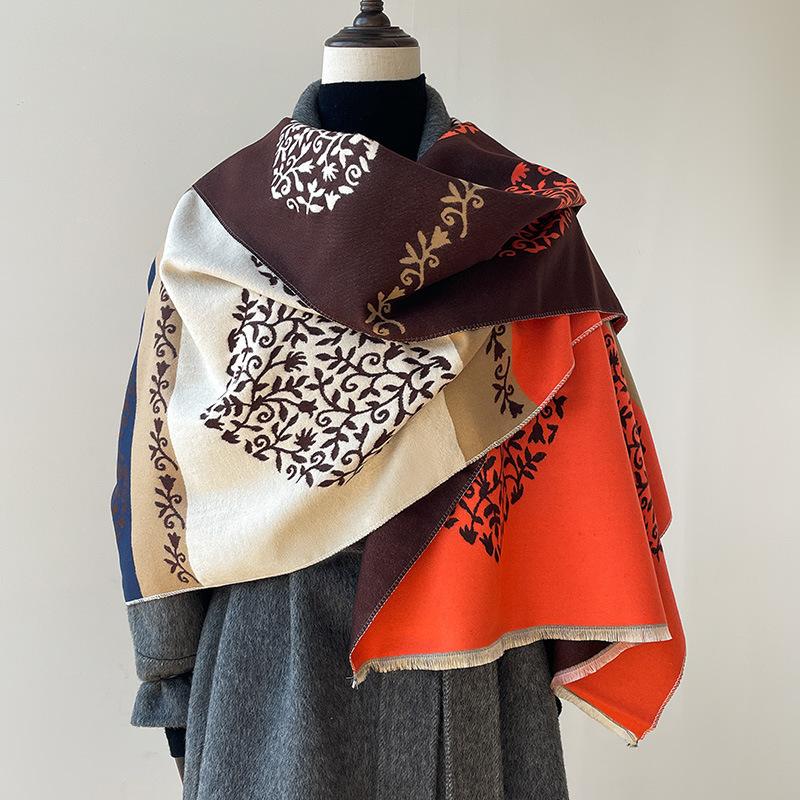 Heart-Shaped Contour Floral Simple Contrasting Colors Korean Women'S Thermal Scarf Fashionable High-End Shawl
