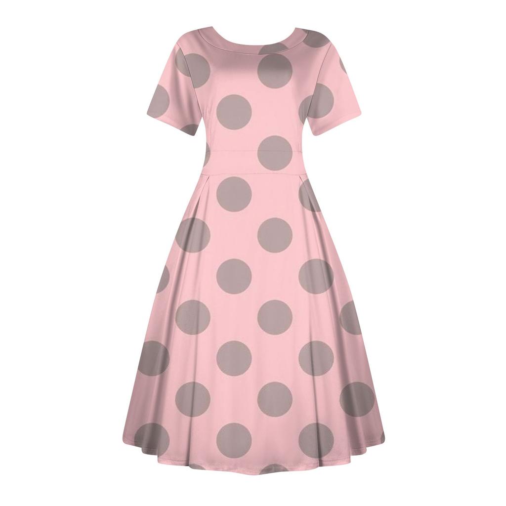 Women's Casual Fashion Dress Vintage Sunflower Printed Round Short Sleeve Waisted Midi Long Big Swing Dresses