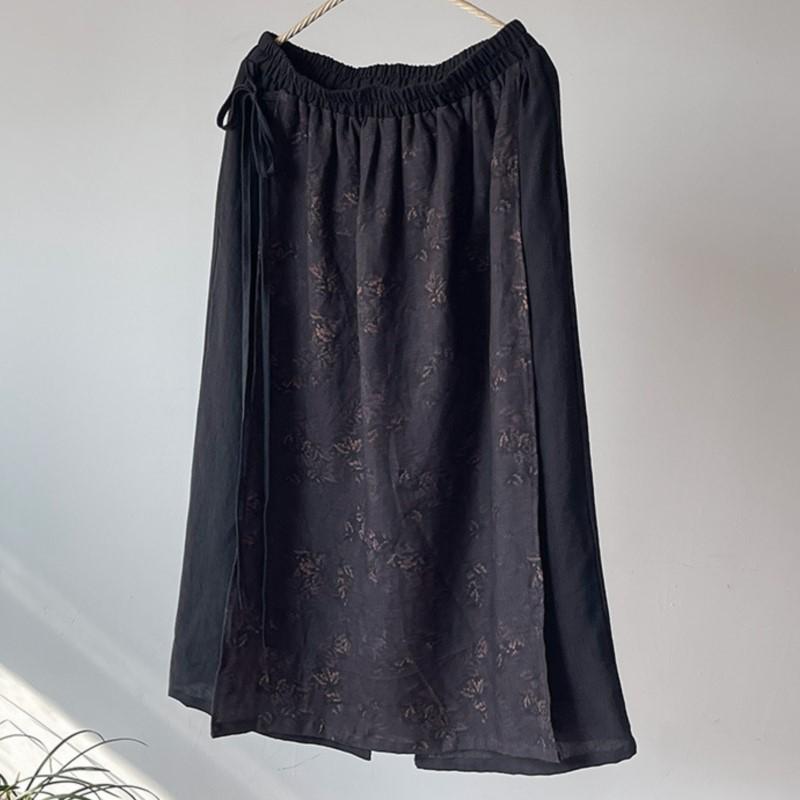 Johnature Women Vintage Linen Patchwork Print Floral A-Line Skirts Elastic Waist Clothes Autumn Chinese Style Skirts