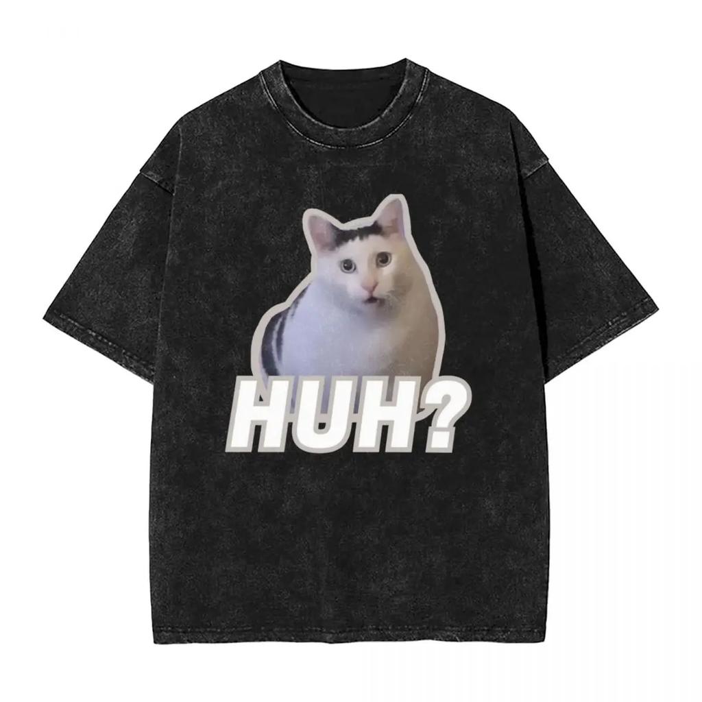 Мужская футболка Huh Cat Meme Выстиранные футболки Хипстер Смешное животное Летние футболки Y2K Классические хлопковые топы Дропшиппинг