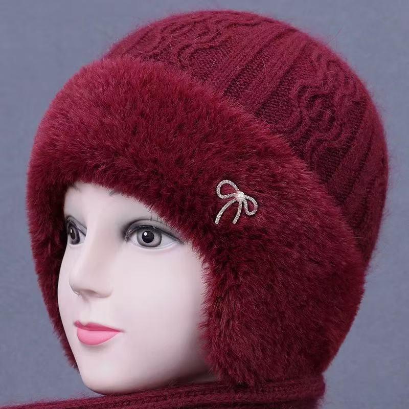 Warm Knitted Beanie Hat Women Winter Elderly Mom Cap With Ear Protection Soft Fleece Lined