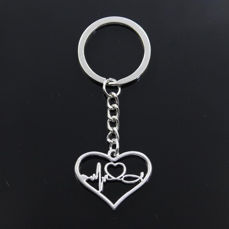 Fashion Keychain 25x31mm Heart ECG Heartbeat Love Silver Color Pendants DIY Men Jewelry Car Key Chain Ring Holder Souvenir Gift