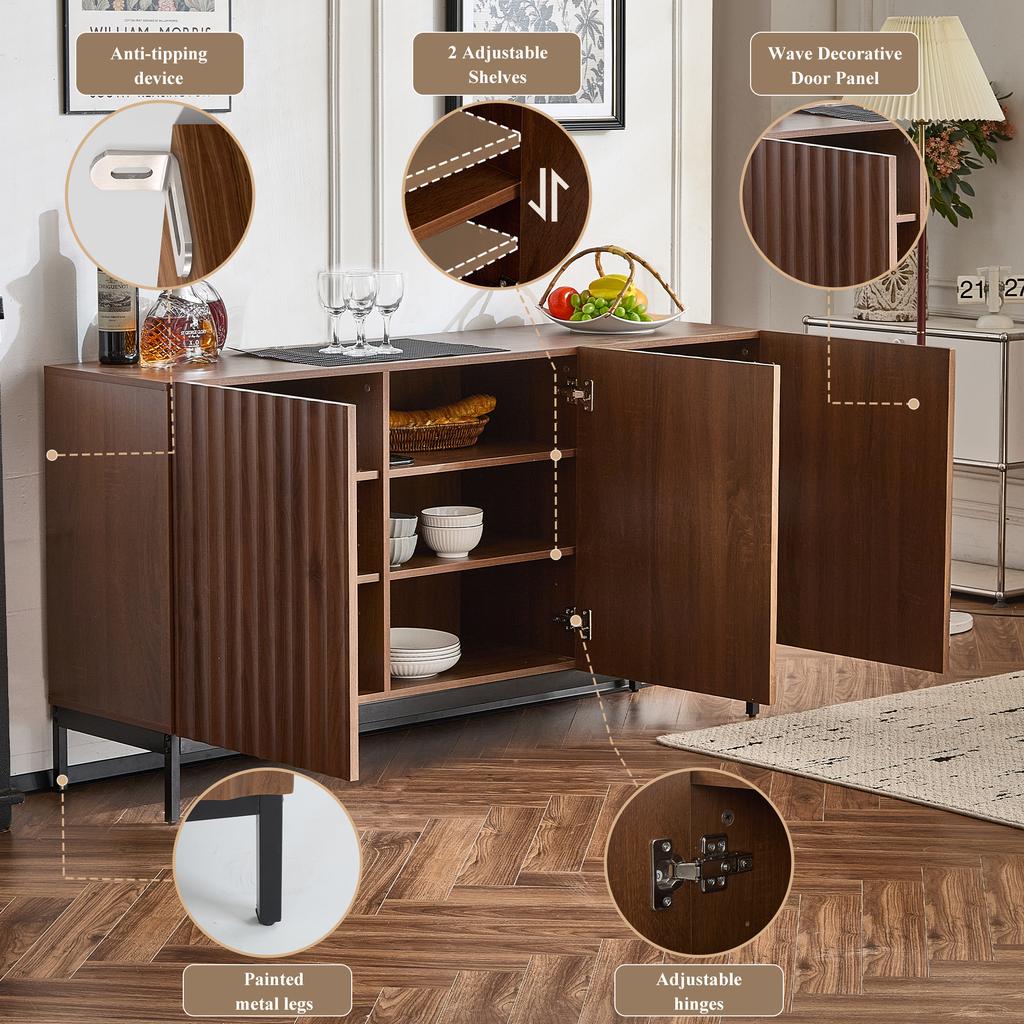 150x40x80cm oak dark grain, sideboard, mid-century modern, 3 doors, wavy 3D design, adjustable shelves, anti-tip, for living room, dining room, office