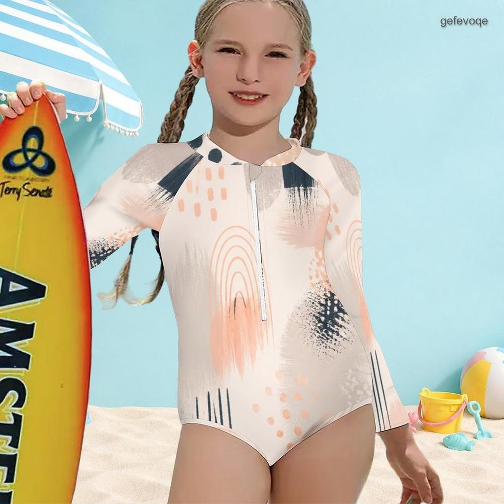 Girl s High Neck Long Sleeve Front Zip Printed Blue Orange One Piece Swimsuit