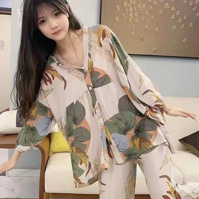 Летние хлопковые шелковые пижамы, женские брюки большого размера, комплект из двух предметов с рукавами 3/4