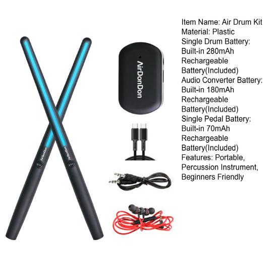 1 Set Air Drum Kit with Drumsticks Pedals Audio Converter Earphone 3D Motion Sensing Electric Drum Beginners Children Adults Portable Virtual Drum Toy