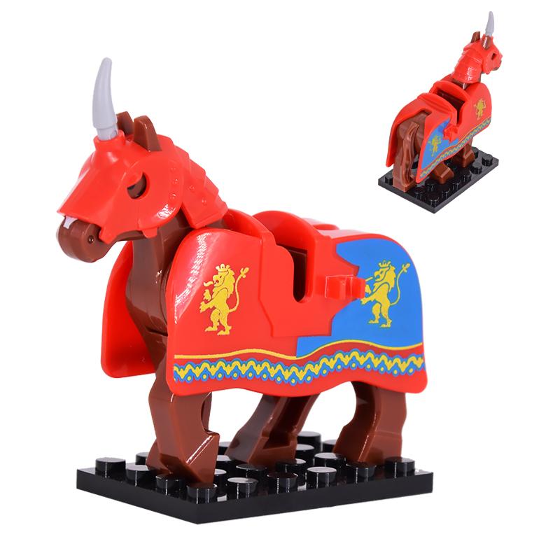 1pcs Medieval Horses Grey Bodies Blue Saddle Blankets White Horse Emblems Yellow Trims Building Block