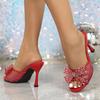 Liyke Летняя мода Стразы Бабочка узел женские тапочки сандалии Красные сетчатые открытые носки мюли на высоком каблуке Дизайнерские шлепанцы обувь