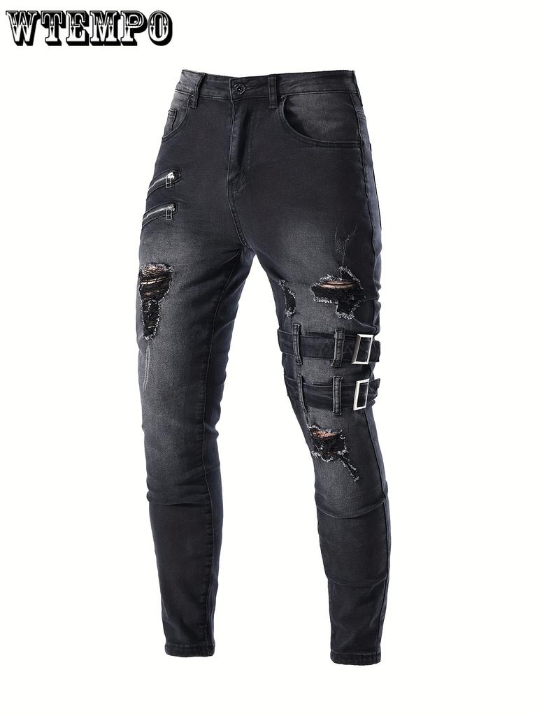 Men's Casual Skinny Biker Jeans, Chic Street Style Medium Stretch Denim Pants