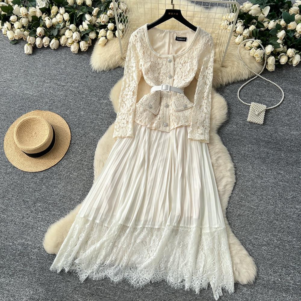 Платье высокого класса для женщин на осень, французская мода, кружевное, с длинными рукавами, пэчворк, с акцентом на талии, плиссированное длинное платье