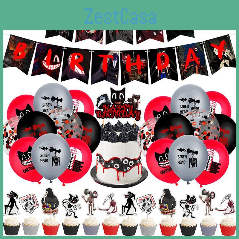 Сиреноголовый Мультяшный Кот Тема Ужасов Баннер из Воздушных Шаров Набор Топперов для Торта на День Рождения