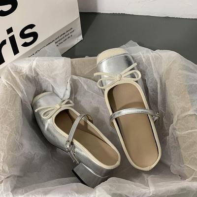 Серебристые полушлепанцы на толстом каблуке с бантом, женские новые Мэри Джейн, уличные, универсальные, с закрытым носком