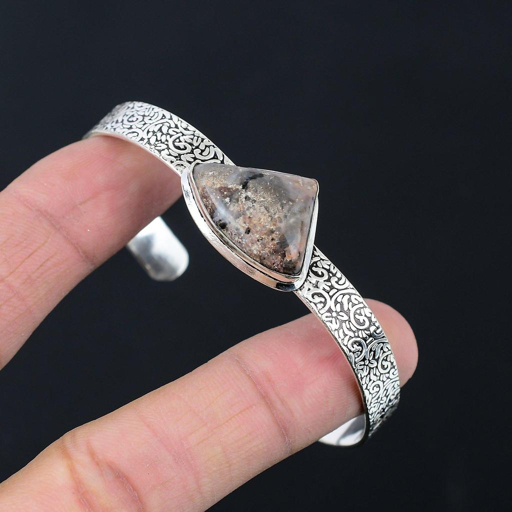 925 Sterling Silver Trillion Dendrite Tiger Gemstone Handcrafted Artisan Bangle