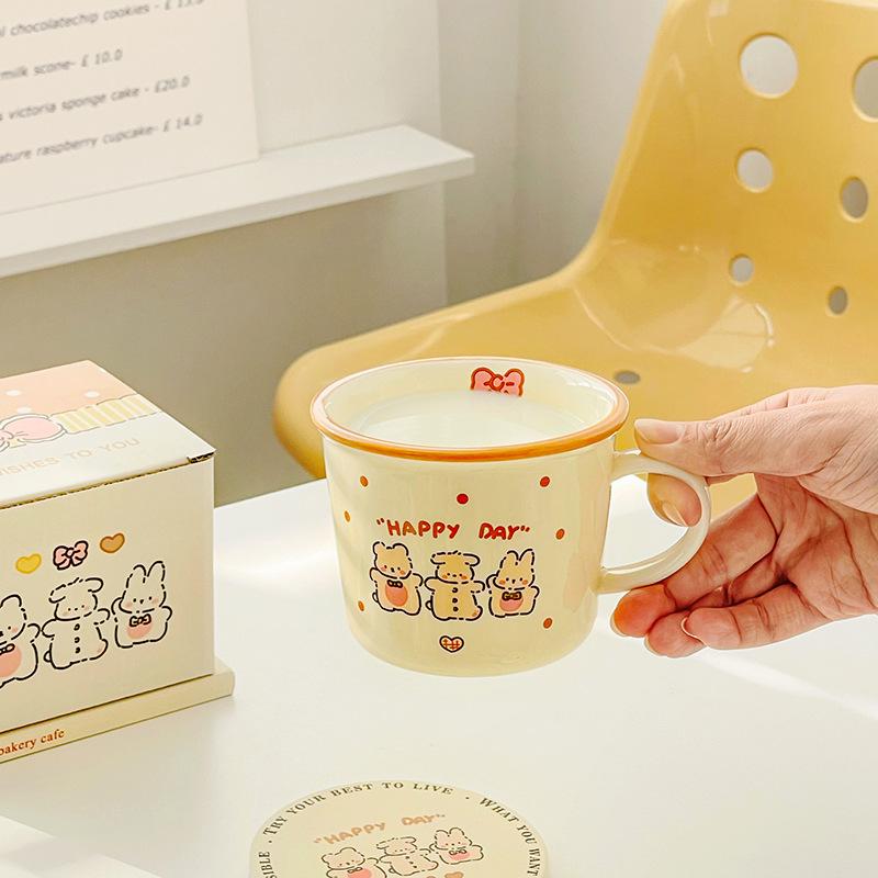 ins cream wind ceramic mug, cute rabbit coffee water cup living room children's household breakfast milk cup