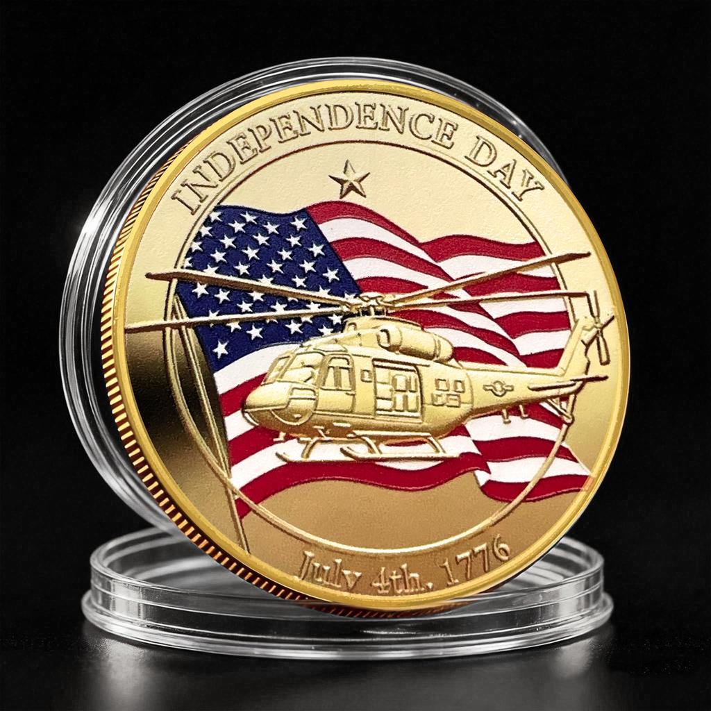 US Independence Day Commemorative Coin July 4th Helicopter Fighter Double sided Colored Metal Collection Craft Seal