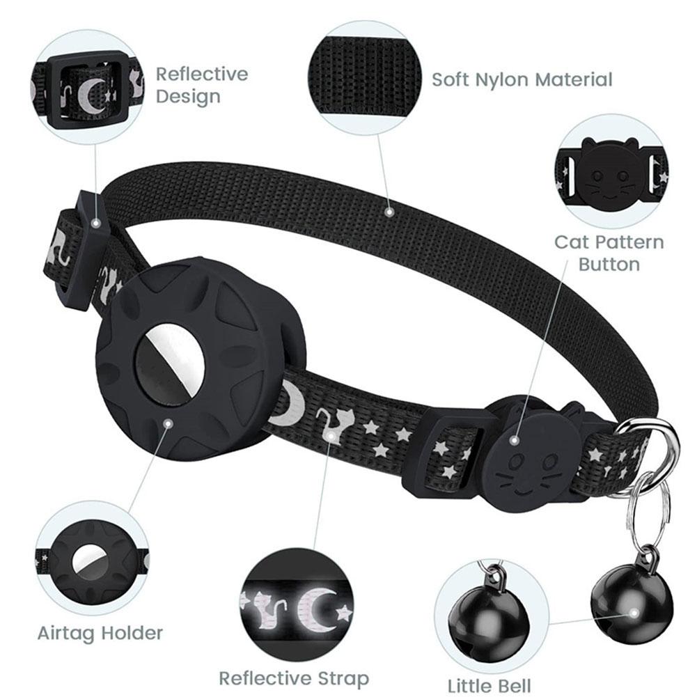 Регулируемый ошейник против потери, светоотражающий, со звездами и луной, кошачий/собачий ошейник, ошейник для питомца с AirTag и колокольчиком, милый ошейник для позиционирования питомца/кошки с AirTag, ошейник для питомца