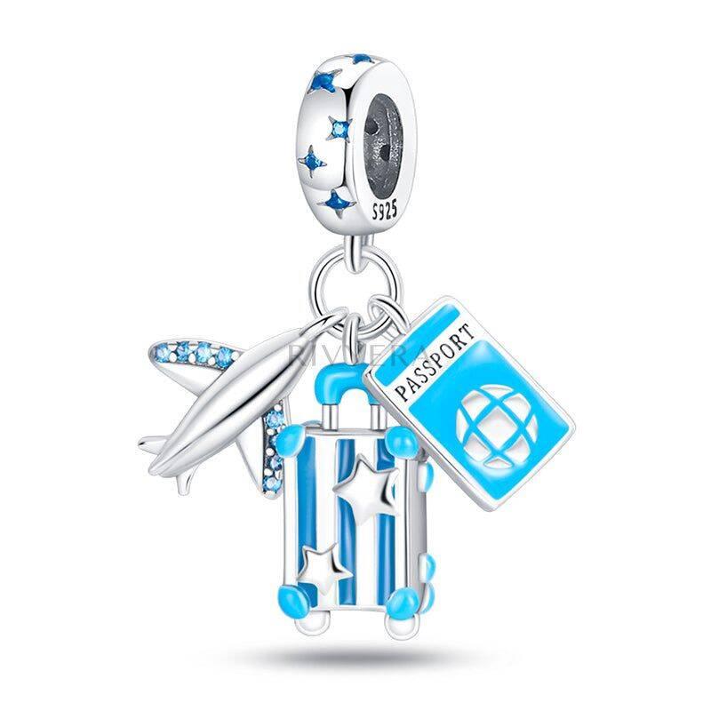 New 925 Silver Airplane Passport Vacation in Rome Beads Charm Pendant Fit Bracelet Necklace DIY Gift Women