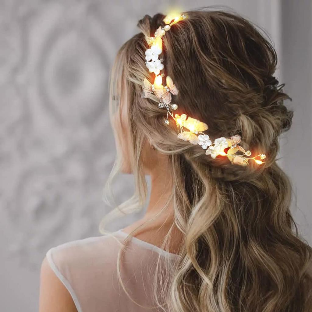 Unicra Butterfly Light up Headband Flower Bridal Wedding Hair Vine Silver Bride Hair Piece Pearl Hair Accessories for Women and Girls