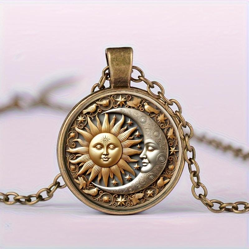 Винтажное ожерелье с подвеской «Солнце и Луна», модный бронзовый сплав со стеклянным драгоценным камнем, идеально подходит для повседневной носки и вечеринок