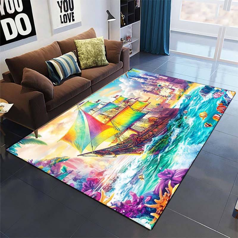 Rainbow Sailing Ship Area Rug, Ocean Decor Floor Mat