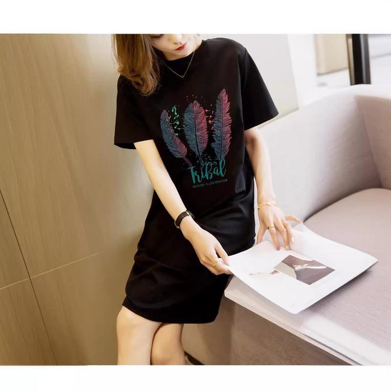 YYFS Women's Fashion Summer Spring Feather Print Short Sleeve O-Neck Loose Waistline Casual Dresses