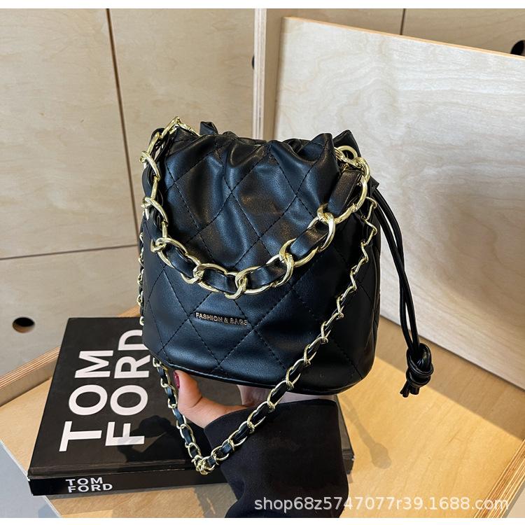 Rhombus Bucket Bag Drawstring Closing Chain Pu Shoulder Messenger Bag Ins French Light Luxury Women's Bag