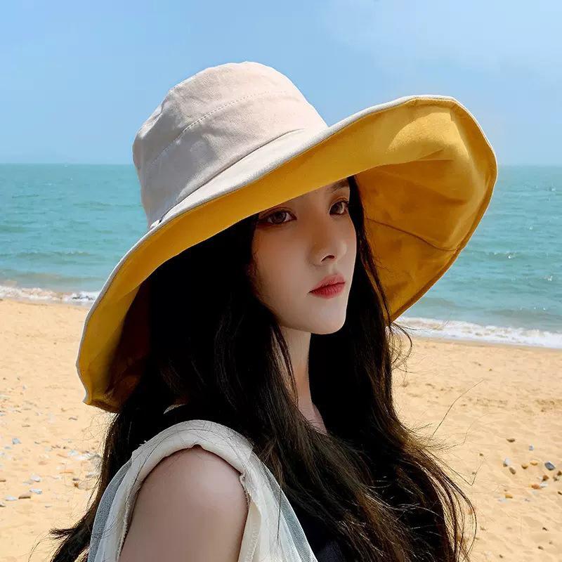 1Pc Summer Big Brim Sun Hat For Female Seaside Sun Protection Uv Beach Cap Double Sided Sun Hat Fisherman Hat W Windproof Rope