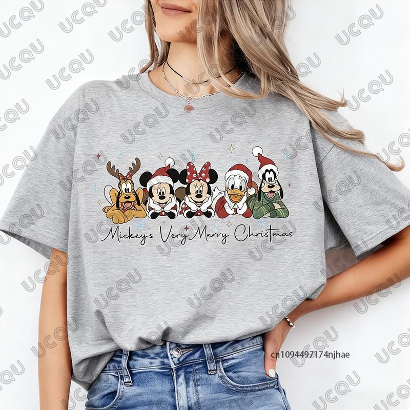 Christmas Family Mickey Mouse Print Cotton Tshirt For Women Summer Short Sleeve Oneck Tees Casual Oversized Couple Tops