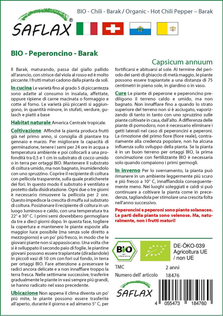 SAFLAX Garden in the Bag - Органический - Острый перец чили - Барак - 15 семян - С субстратом в подходящем пакете - Capsicum annuum